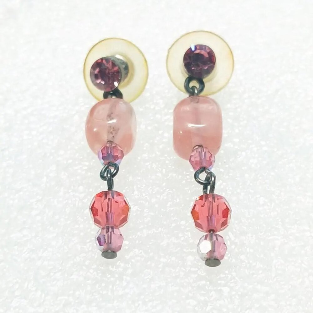 Pink Swarovski Crystal Dangle Earrings 1.75” Drop Pink Amethyst Beads 4.9g Boho